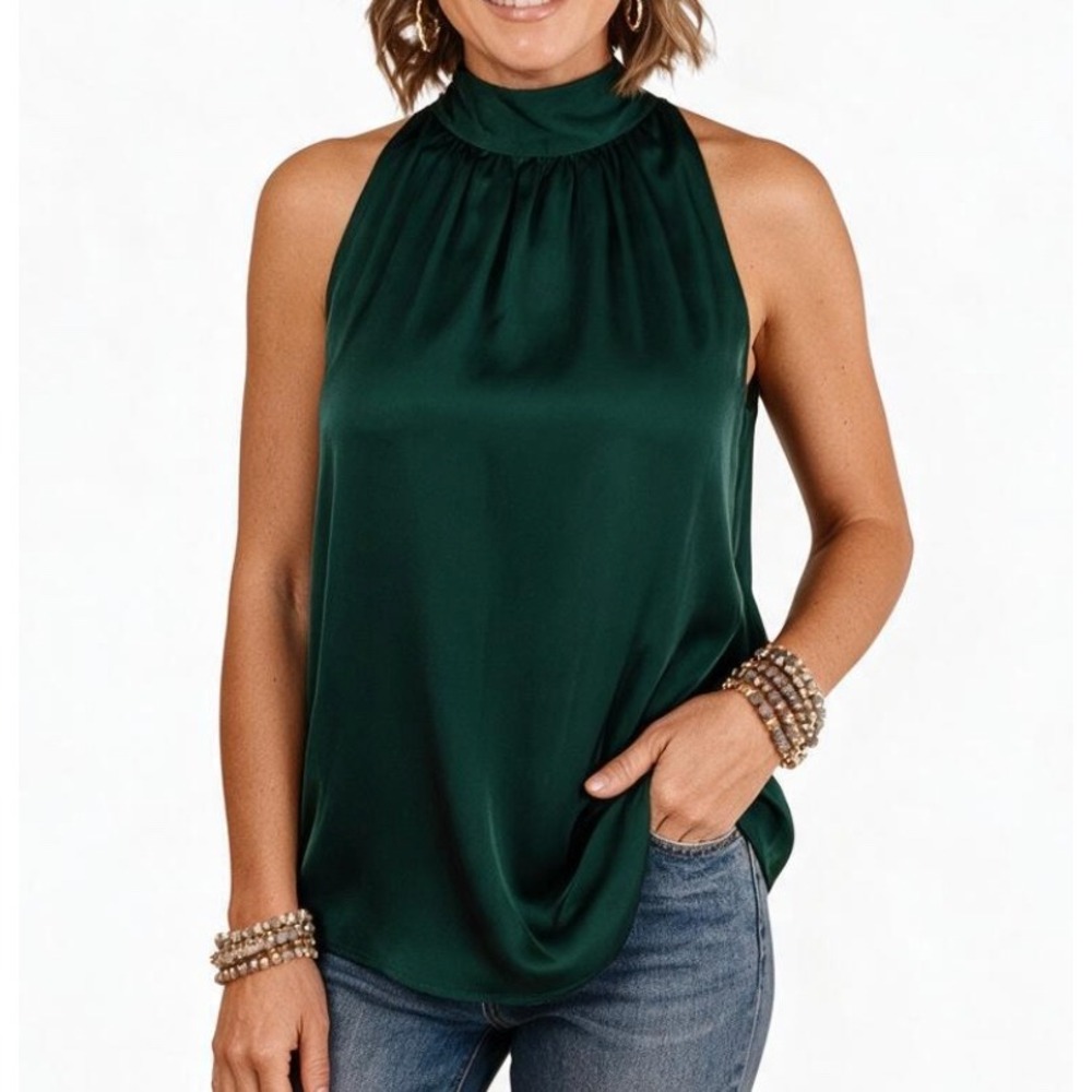 ENTRO Dark Emerald Green Satin SLEEVELESS TOP Mock Neck BOW IN BACK Party SZ M